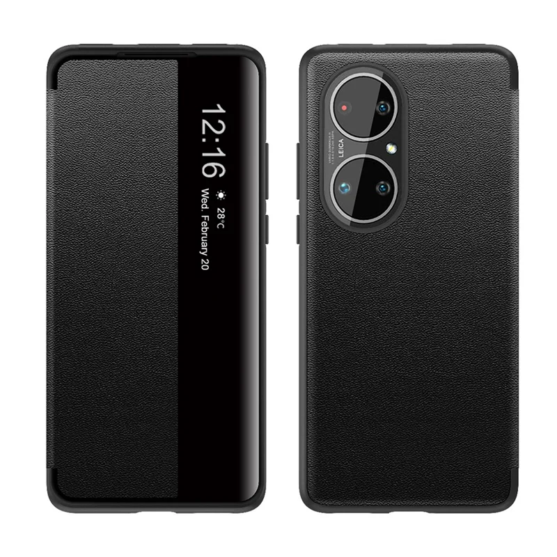 Auto Wake & Sleep Leather Case Drop-Resistant Flip Cover for Huawei P50 Pro - Black