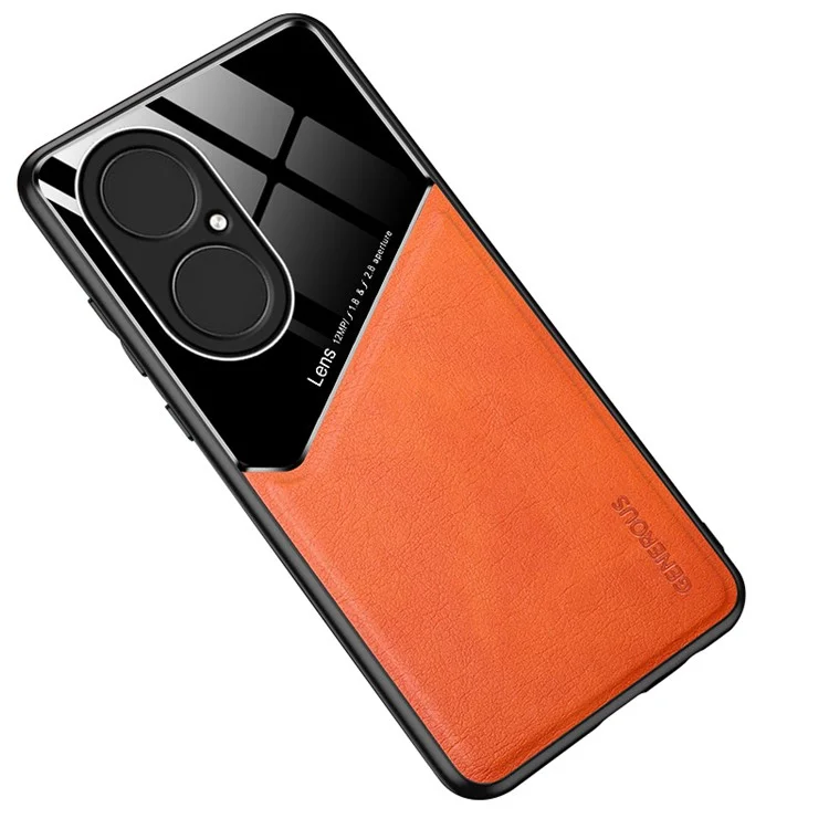 Caso de Design de Splicing de Vidro Revestido de Couro Com Revestimento de Couro + Com Corte Preciso Para Huawei P50 - Laranja