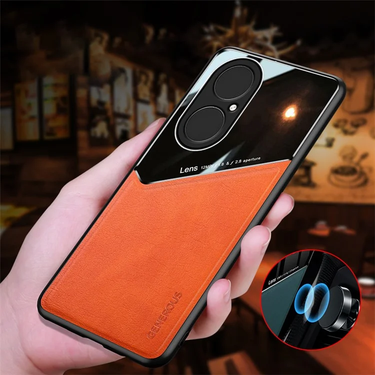 PC Con Recubrimiento de Cuero + TPU + Estuche de Diseño de Empalme de Vidrio Con Recorte Preciso Para Huawei P50 - Naranja