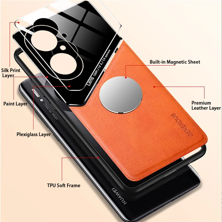 Leather Coated PC + TPU + Glass Splicing Design Case with Precise Cut-Out for Huawei P50 - Orange