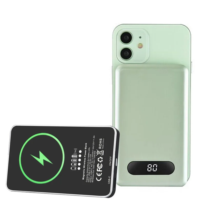 5000mAh Fast Charging Magnetic Wireless Charger External Battery Power Bank for iPhone 12 Series - Green
