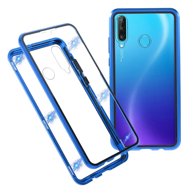 Full Coverage Magnetic Closed Design Metal Frame + Double-sided Ultra Clear Tempered Glass Phone Shell for Huawei P30 Lite - Blue