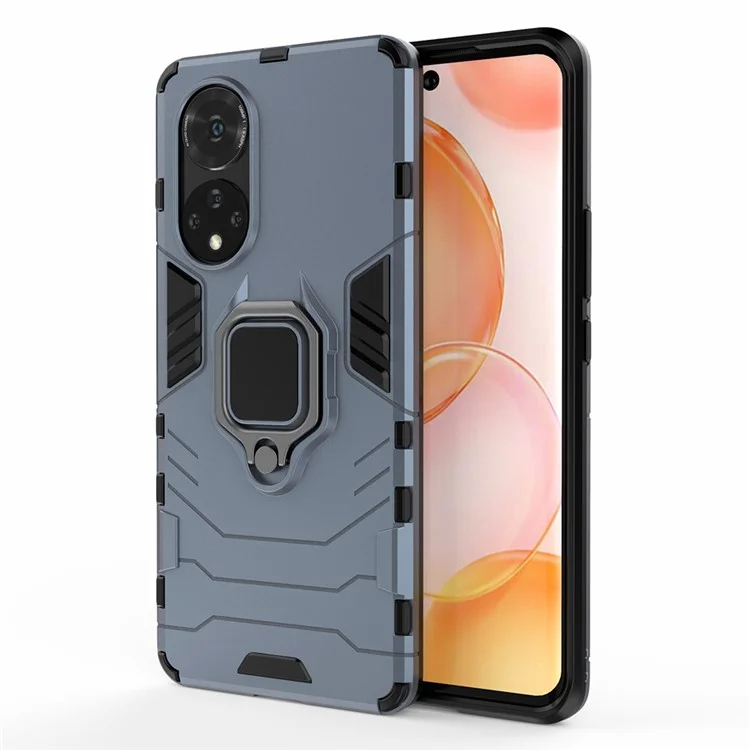 Hard PC + Soft TPU Hybrid Phone Case Cover with Ring Holder Kickstand for Honor 50 - Blue