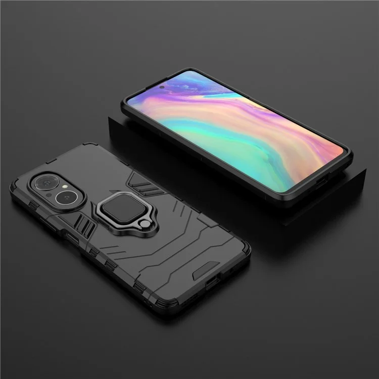 PC + TPU Ring Holder Kickstand Design Shell Cell Phone Hybrid Case Cover for Honor 50 SE - Black