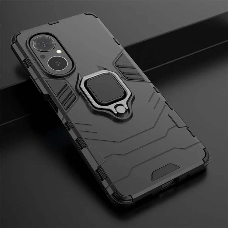 PC + TPU Ring Holder Kickstand Design Shell Cell Phone Hybrid Case Cover for Honor 50 SE - Black