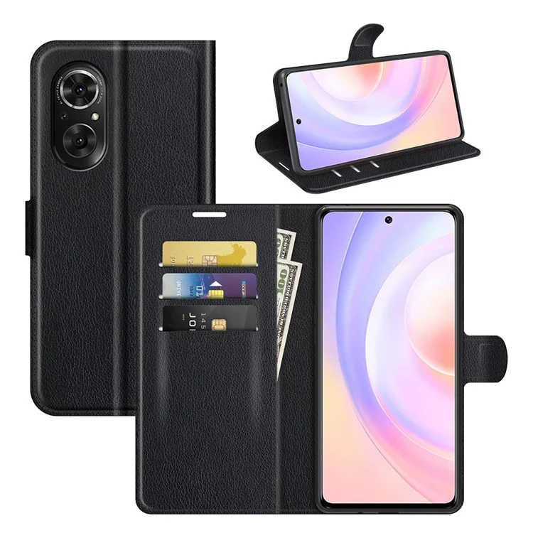 Litchi Skin Full Protective Leather Wallet Case Mobile Phone Stand Cover Huawei nova 9 SE/Honor 50 SE - Black
