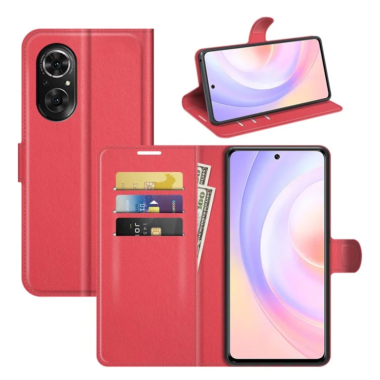 Litchi Skin Full Protective Leather Wallet Case Mobile Phone Stand Cover Huawei nova 9 SE/Honor 50 SE - Red