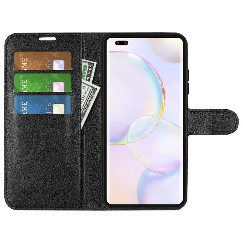 Folio Flip Full Protective Litchi Skin Leather Wallet Phone Stand Case Cover for Honor 50 - Black