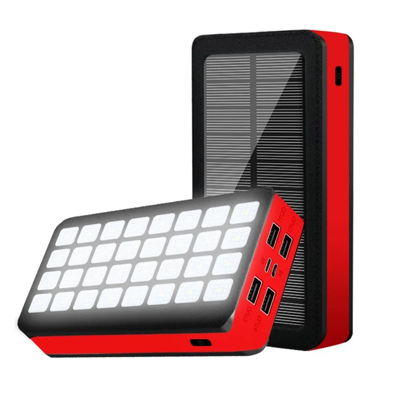 PS900 30000mAh 4 USB Ports Solar Power Bank 32-LED Camping Light Phone Charger External Battery (CE Certificated) - Red