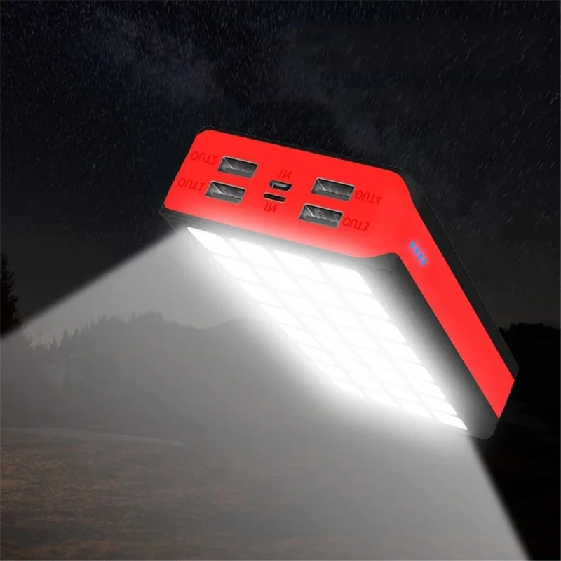 PS900 30000mAh 4 USB Ports Solar Power Bank 32-LED Camping Light Phone Charger External Battery (CE Certificated) - Red