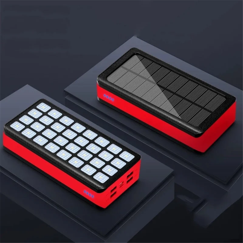 PS900 30000mAh 4 USB Ports Solar Power Bank 32-LED Camping Light Phone Charger External Battery (CE Certificated) - Red