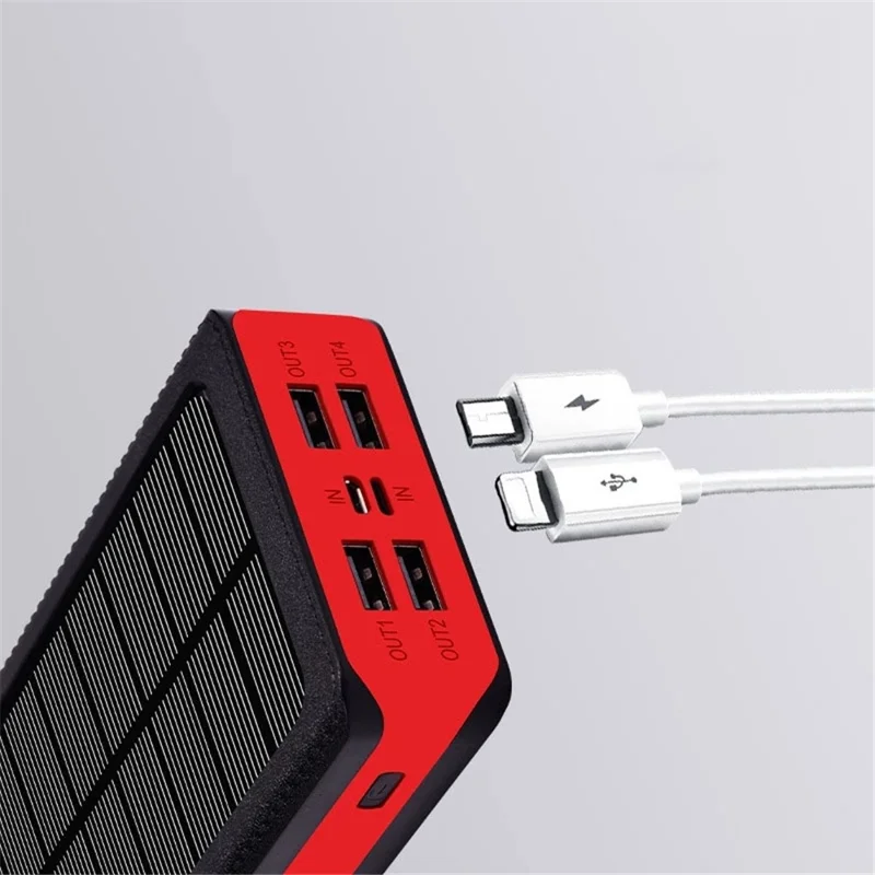 PS900 30000mAh 4 USB Ports Solar Power Bank 32-LED Camping Light Phone Charger External Battery (CE Certificated) - Red