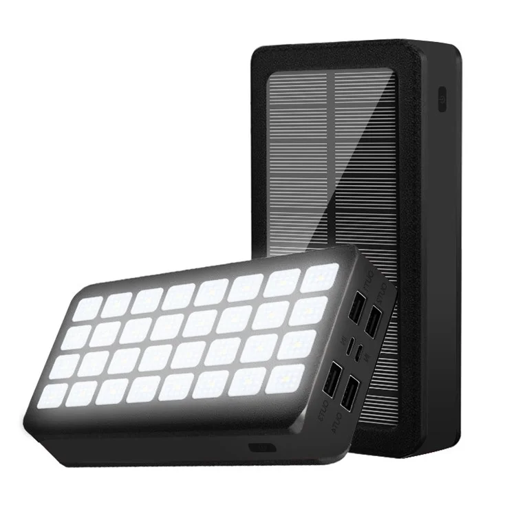 PS900 30000mAh 4 ports USB Banque d'alimentation solaire 32-LED Lampe de camping Chargeur de téléphone Batterie externe (Certificat CE) - Noir