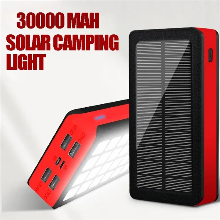 PS900 30000mAh 4 ports USB Banque d'alimentation solaire 32-LED Lampe de camping Chargeur de téléphone Batterie externe (Certificat CE) - Noir