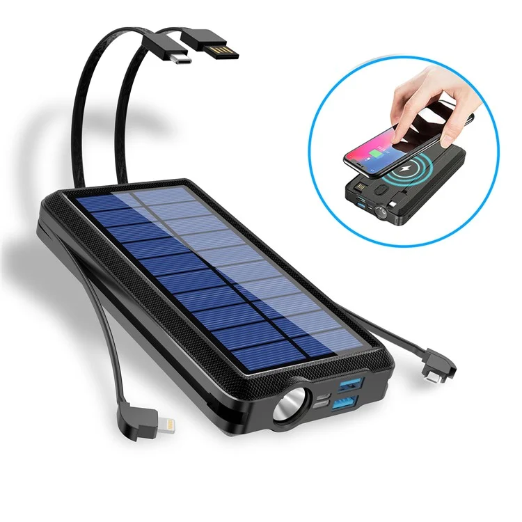 PSOOO PS-158 10000mAh Batería Externa Inalámbrica + Cable Micro/Type-C/Lightning Incorporado Cargador Solar Camping con Luz LED - Negro