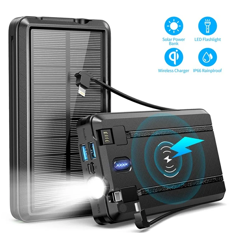 PSOOO PS-158 10000mAh Batería Externa Inalámbrica + Cable Micro/Type-C/Lightning Incorporado Cargador Solar Camping con Luz LED - Negro