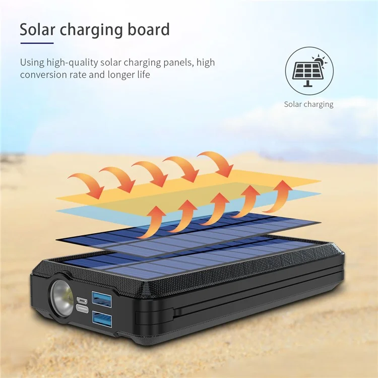 PSOOO PS-158 10000mAh Batería Externa Inalámbrica + Cable Micro/Type-C/Lightning Incorporado Cargador Solar Camping con Luz LED - Negro