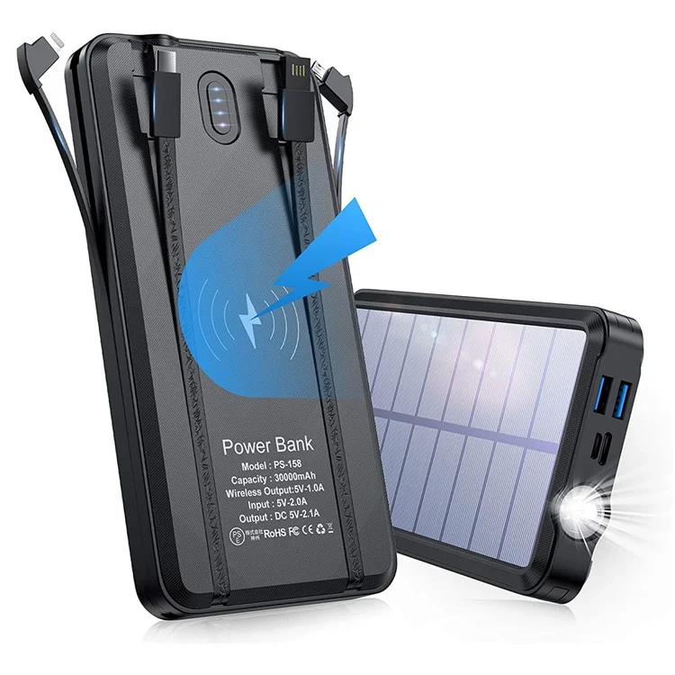 PSOOO PS-158 10000mAh Batería Externa Inalámbrica + Cable Micro/Type-C/Lightning Incorporado Cargador Solar Camping con Luz LED - Negro
