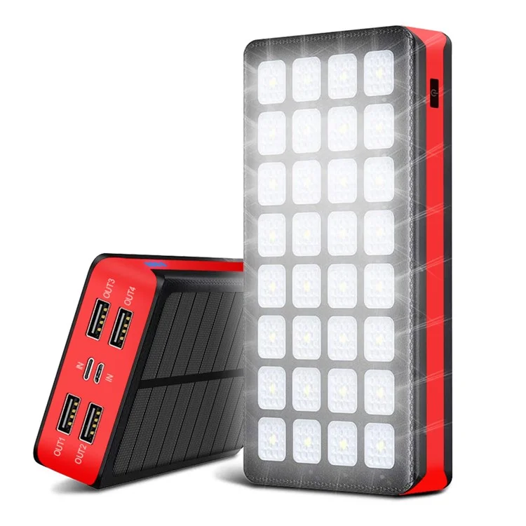 PSOOO PS-900 10000mAh Charger Portable de Puissance Solaire 32leds Banque D'alimentation Avec 4 Sorties et 2 Entrées - le Noir / Rouge