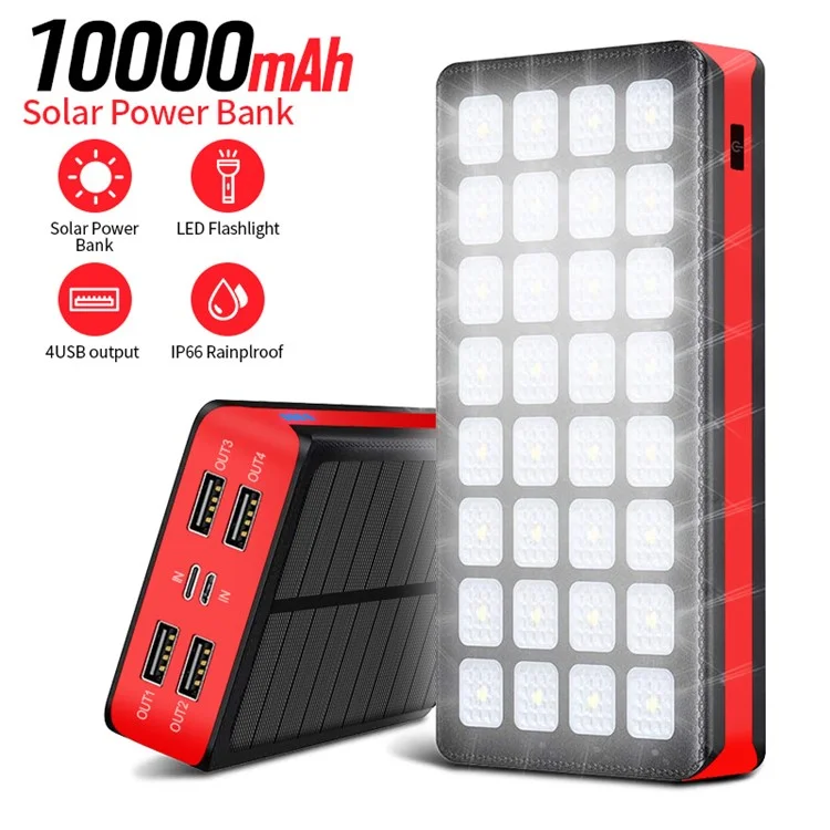 PSOOO PS-900 10000mAh Carregador Portátil de Energia Solar 32leds Banco de Energia Com 4 Saída e 2 Entrada - Preto / Vermelho