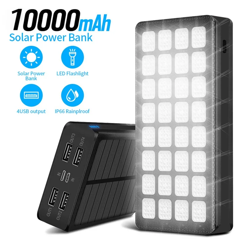 PSOOO PS-900 10000mAh Solar Power Portable Charger 32LEDs Power Bank with 4 Output and 2 Input - Black