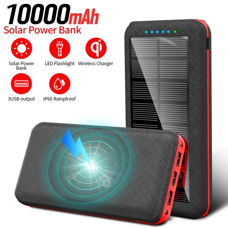 PSOOO PS-157 10000mAh Portable Charger Support Wireless Charging Solar Power Bank with LED Flashlight - Black / Red