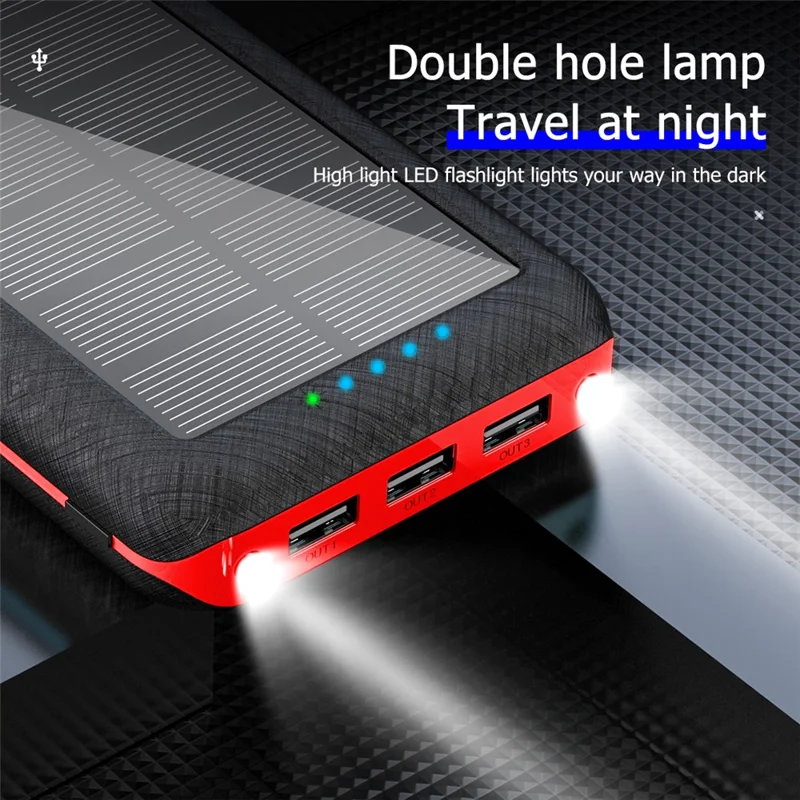 PSOOO PS-157 10000mAh Portable Charger Support Wireless Charging Solar Power Bank with LED Flashlight - Black / Red