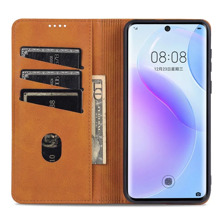 AZNS PU Leather Flip Book Shockproof Auto-absorbed Magnetic Case with Stand for Huawei P50 Pro - Brown