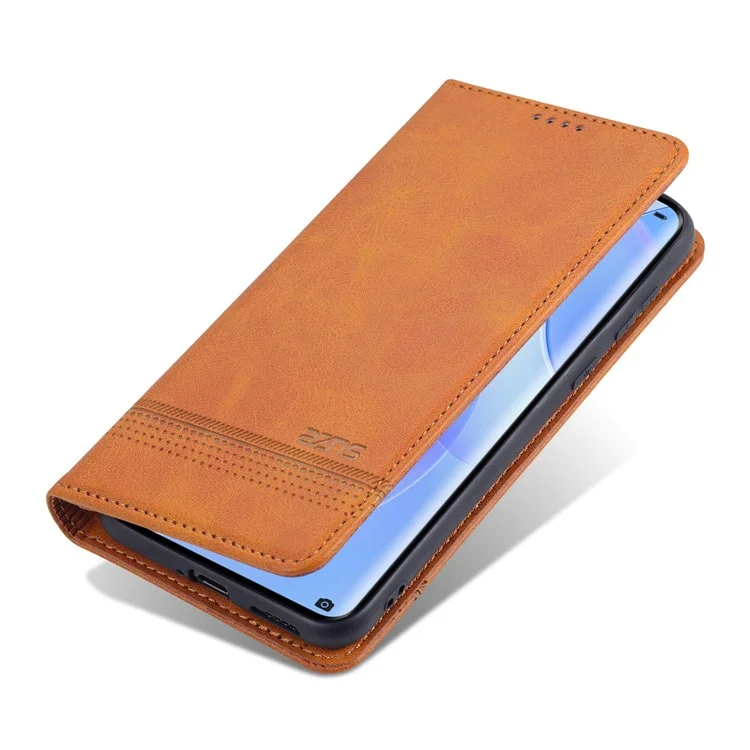 Azns PU Couro Flip Book Caso Magnético Absorvido Automaticamente à Prova de Choque Com Stand Para Huawei P50 Pro - Castanho