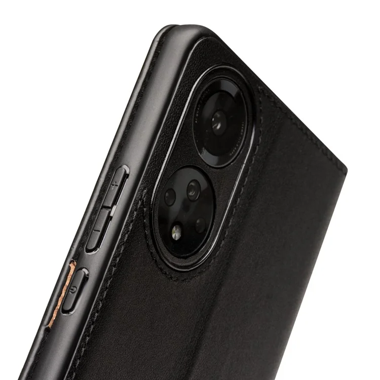 Qialino Echtes Kuhläppchen -leder -telefon Stand Hülle Mit Brieftaschendesign Für Ehren 50 Pro / Huawei Nova 9 Pro - Schwarz