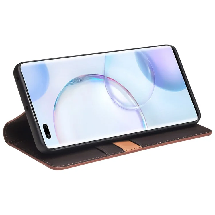 Qialino Genuine Cowhide Leather Phone Stand Capa Com Design de Carteira Para Honor 50 Pro / Huawei Nova 9 Pro - Castanho