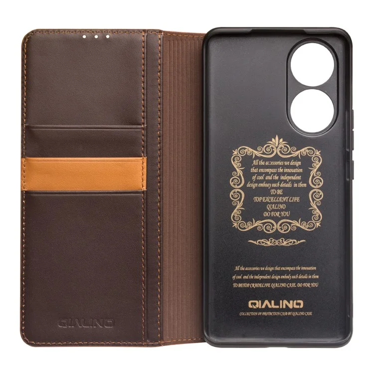 Qialino Genuine Cowhide Leather Phone Stand Capa Com Design de Carteira Para Honor 50 Pro / Huawei Nova 9 Pro - Castanho