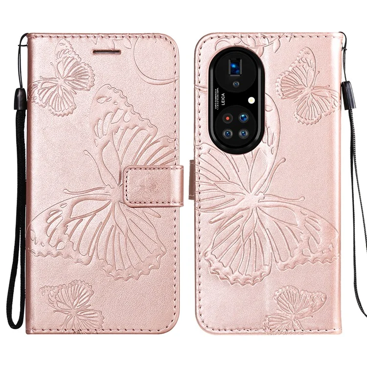 For Huawei P50 Pro Wallet Case Floral Butterfly Imprinted Leather Phone Cover Stand - Rose Gold