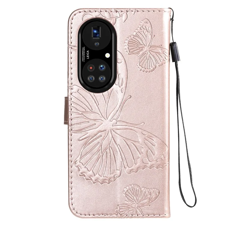 For Huawei P50 Pro Wallet Case Floral Butterfly Imprinted Leather Phone Cover Stand - Rose Gold
