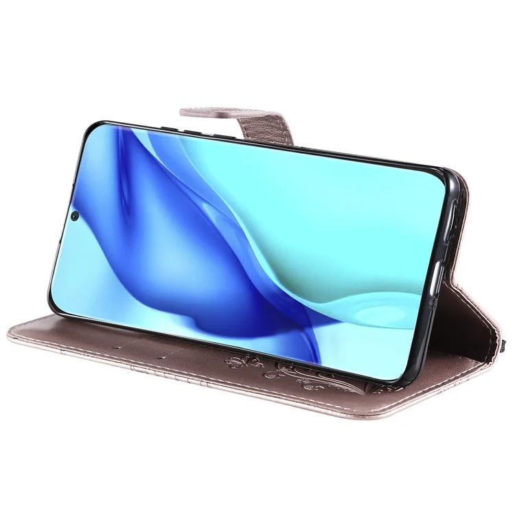 For Huawei P50 Pro Wallet Case Floral Butterfly Imprinted Leather Phone Cover Stand - Rose Gold
