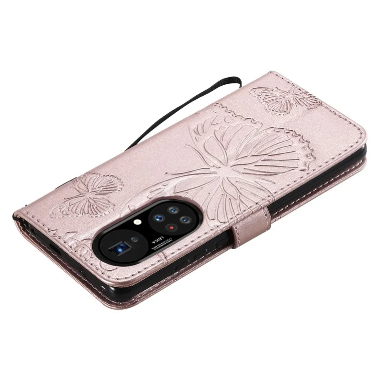 For Huawei P50 Pro Wallet Case Floral Butterfly Imprinted Leather Phone Cover Stand - Rose Gold