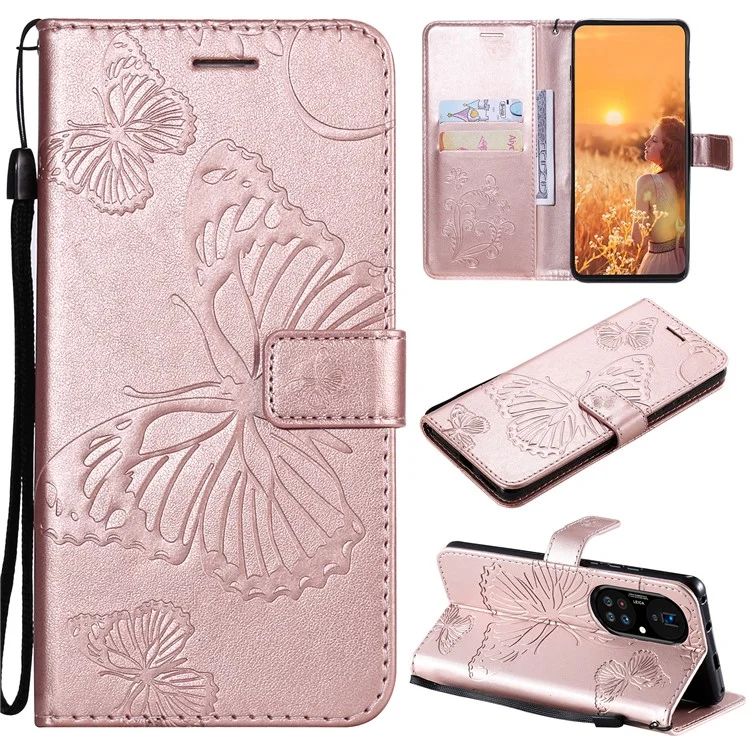 For Huawei P50 Pro Wallet Case Floral Butterfly Imprinted Leather Phone Cover Stand - Rose Gold