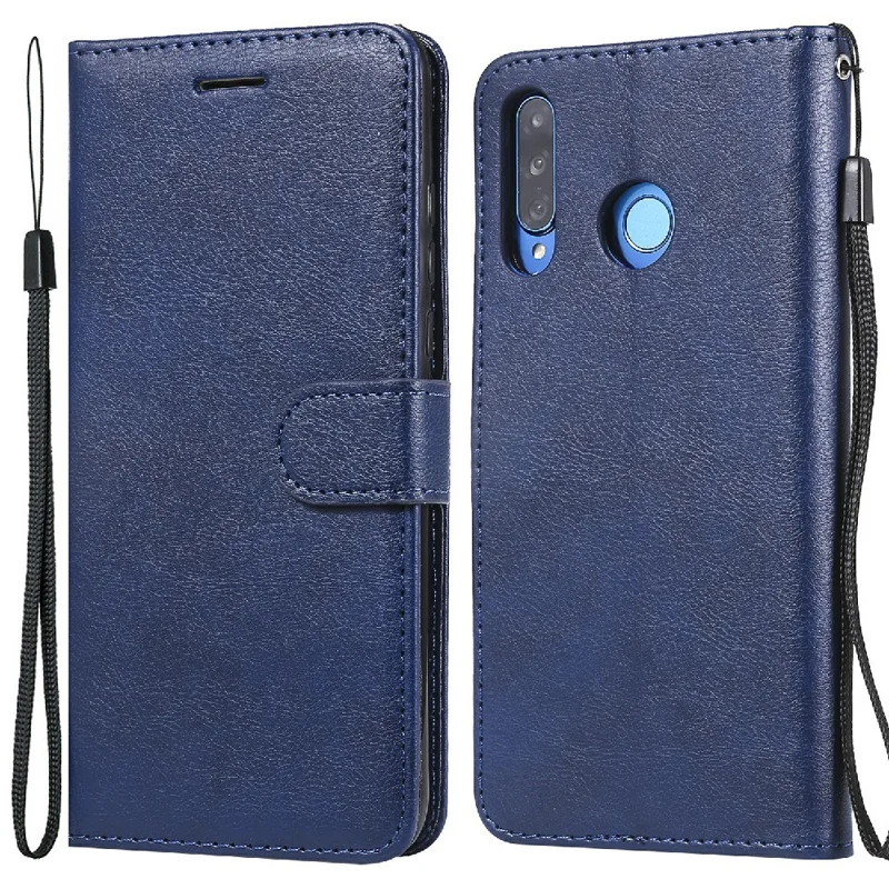 Capa para Telemóvel em Pele de Cor Uniforme com Suporte Carteira e Alça para Huawei P30 Lite / Nova 4e - Azul