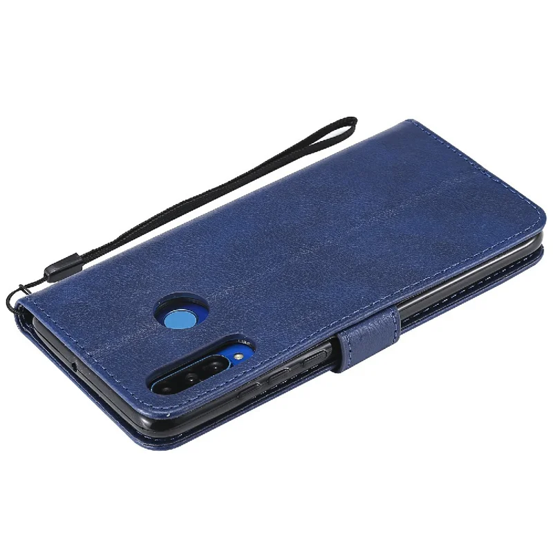 Capa para Telemóvel em Pele de Cor Uniforme com Suporte Carteira e Alça para Huawei P30 Lite / Nova 4e - Azul