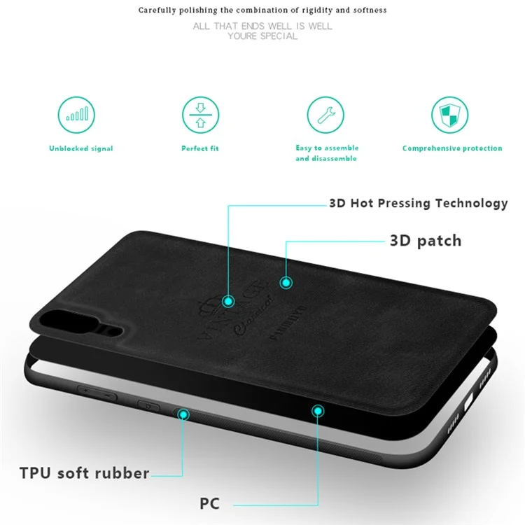 PINWUYO Shockproof PC + TPU Hybrid Protective Cover with Unique PU Texture Phone Case for Huawei P20 - Blue