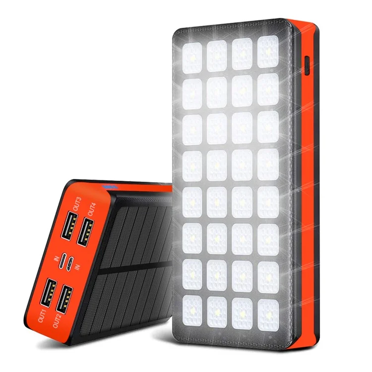 PSOOO PS-900 30000mAh Solar Power Bank Emergency Portable Charger External Battery Pack with 4 Output and Dual Input 32 LEDs Flashlight - Black / Orange