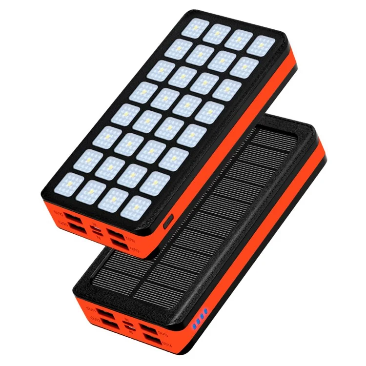 PSOOO PS-900 30000mah Cargador de Energía Solar Portátil Con 4 Salida y 2 Entradas 32leds Banco de Energía de Emergencia - Negro/naranja