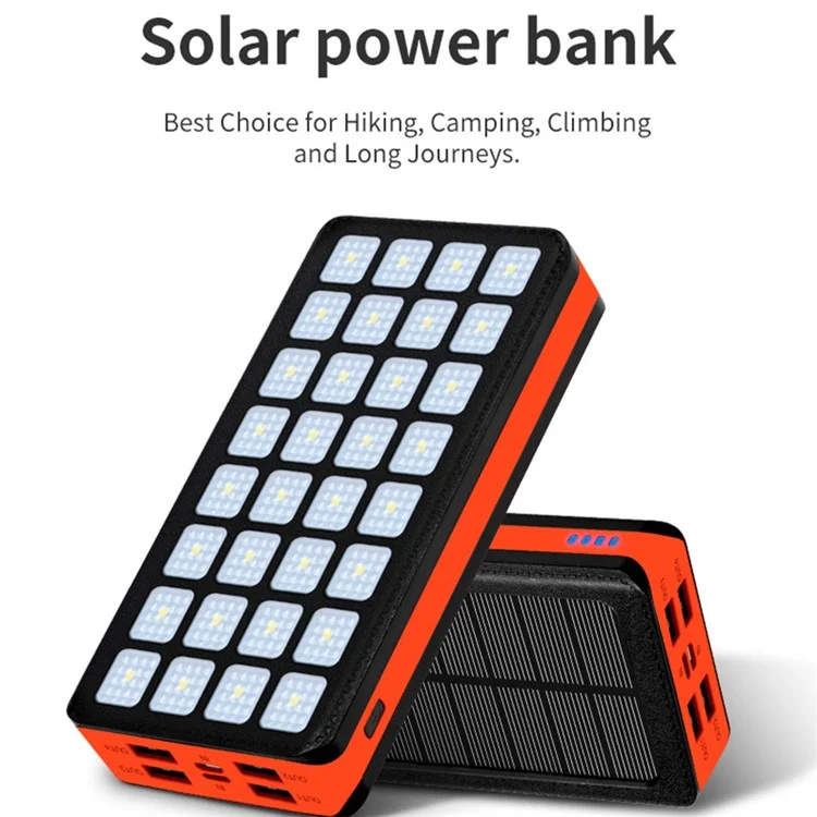 PSOOO PS-900 30000mah Carregador de Energia Solar Portátil Com 4 Saída e 2 Entrada 32leds Banco de Energia de Emergência - Preto/laranja