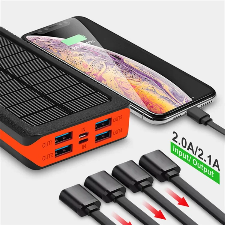 PSOOO PS-900 30000mAh Solar Power Bank Emergency Portable Charger External Battery Pack with 4 Output and Dual Input 32 LEDs Flashlight - Black / Orange