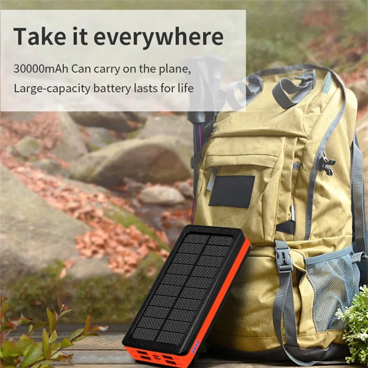 PSOOO PS-900 30000mAh Solar Power Bank Emergency Portable Charger External Battery Pack with 4 Output and Dual Input 32 LEDs Flashlight - Black / Orange