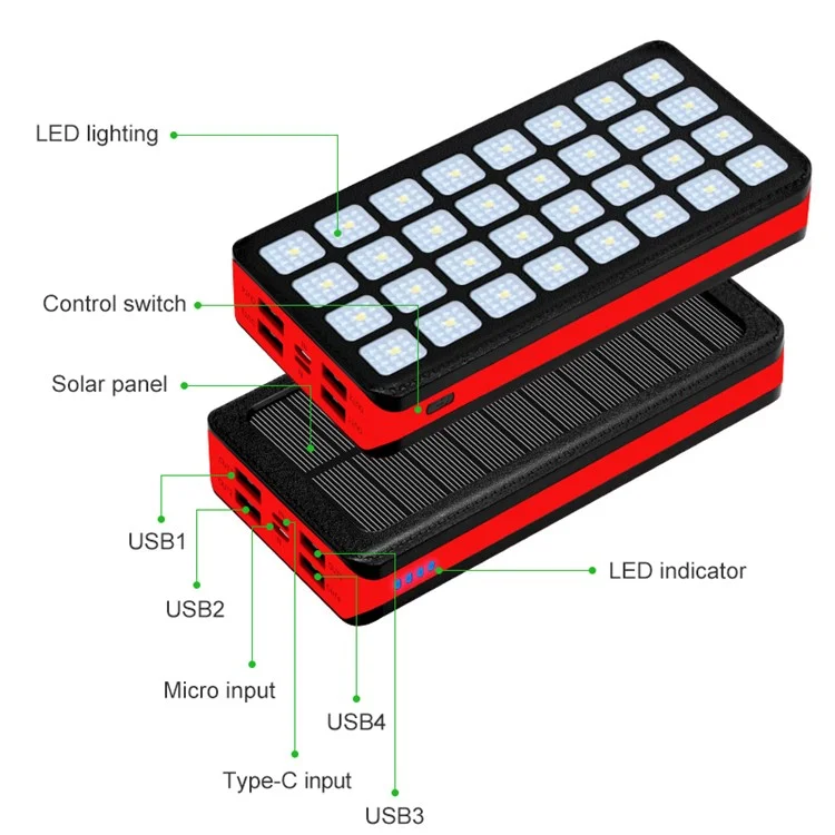 PSOOO PS-900 30000mah Caricatore di Energia Solare Portatile Con 4 Output e 2 Input 32leds Emergency Power Bank - Nero Rosso