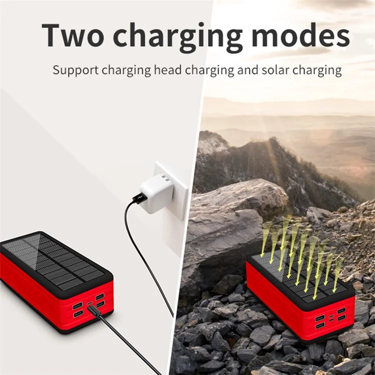 PSOOO PS-400 50000mAh Solar Power Bank Com 4 Portas de Saída e Luz de Acampamento de LED - Preto / Vermelho