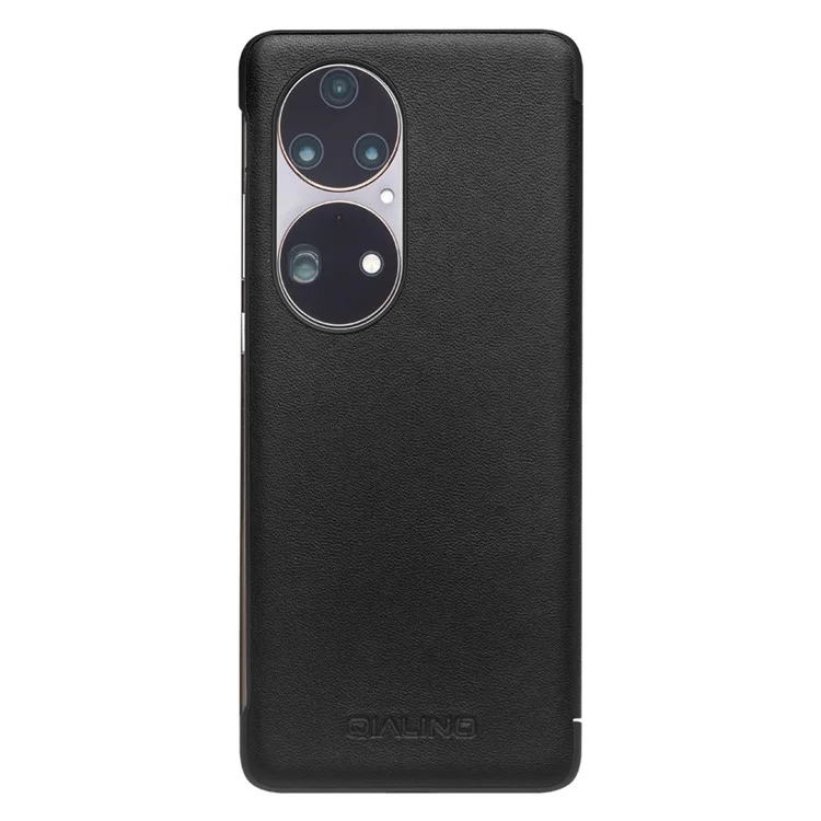 Qialino Ansicht Fenster Design Top Schicht Rindsleder-Leder-Telefonkasten Für Huawei P50 - Schwarz