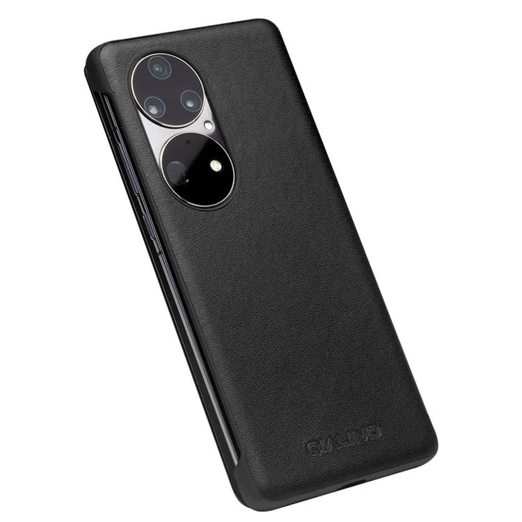 Qialino Ansicht Fenster Design Top Schicht Rindsleder-Leder-Telefonkasten Für Huawei P50 - Schwarz