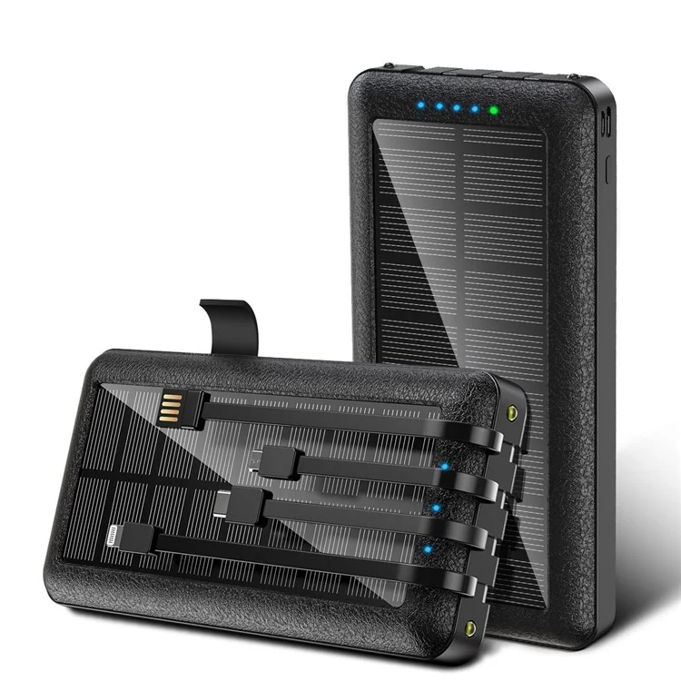 PSOOO PS-159 Chargeur solaire portable Power Bank 30000 mAh avec câble intégré Micro/Type-C/Lightning et support pour téléphone